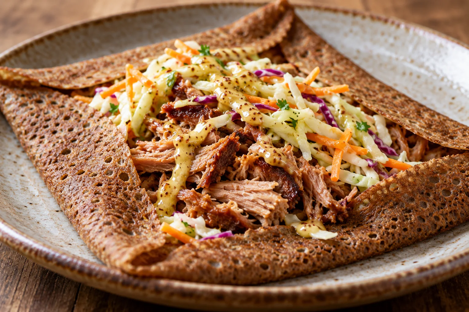 Galette porc effiloché, coleslaw et moutarde au miel