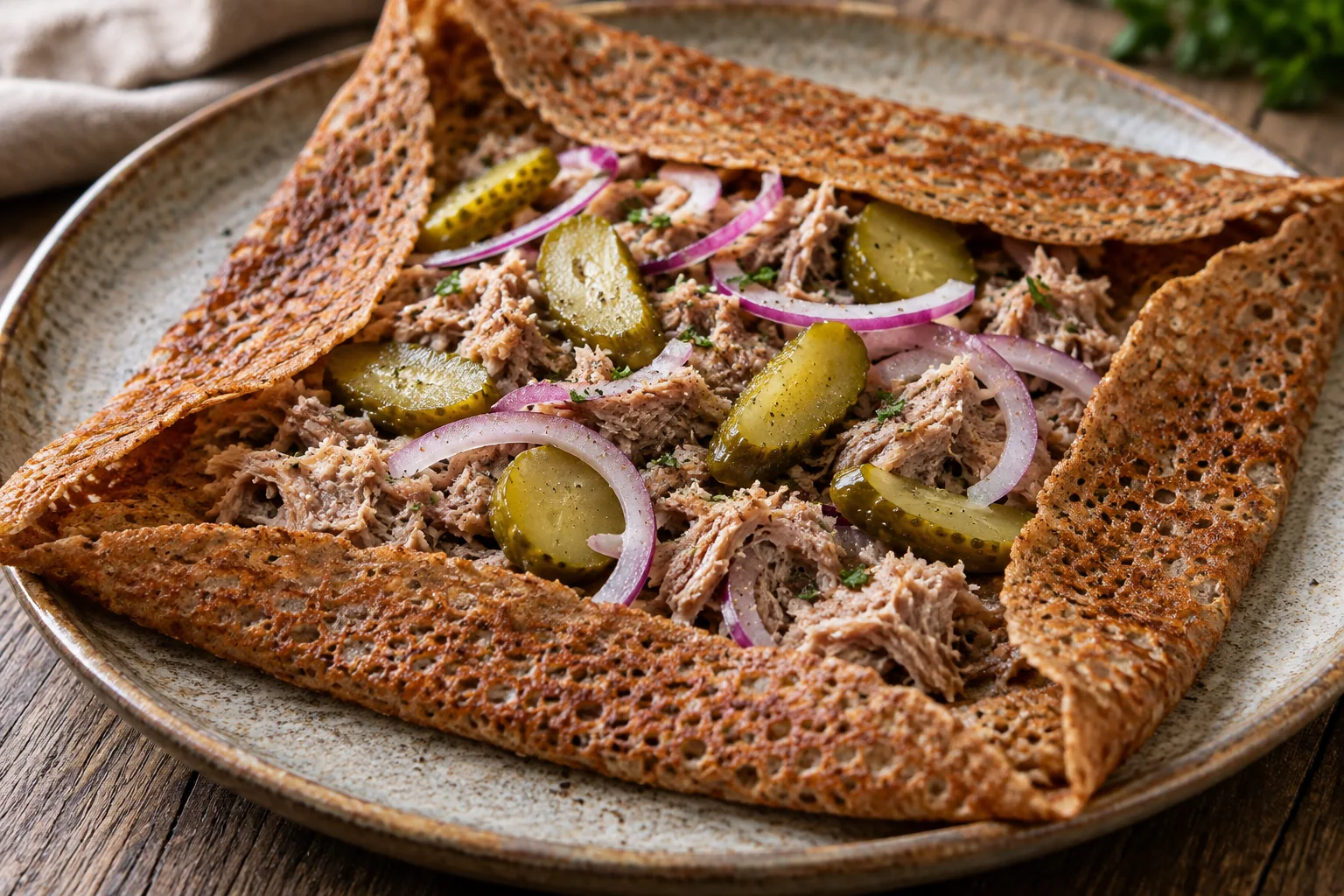 Galette rillettes de porc, cornichons et oignons