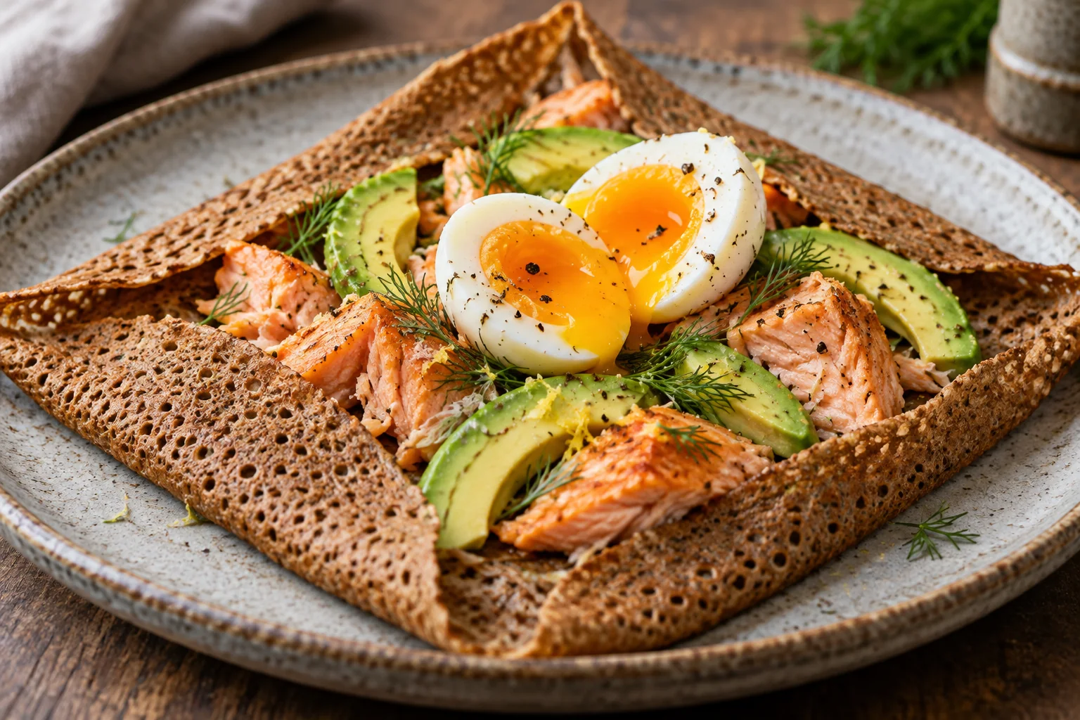 Galette saumon, avocat et œuf mollet