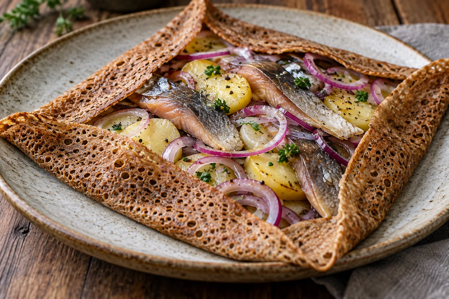 Galette hareng fumé, pommes de terre et oignons rouges