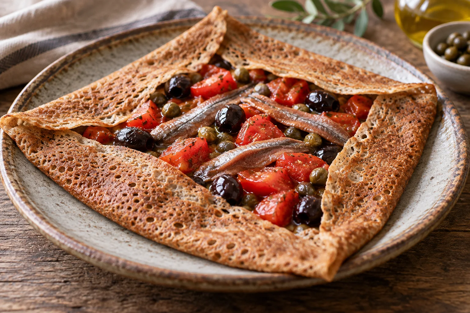 Galette anchois, tomates, olives et câpres
