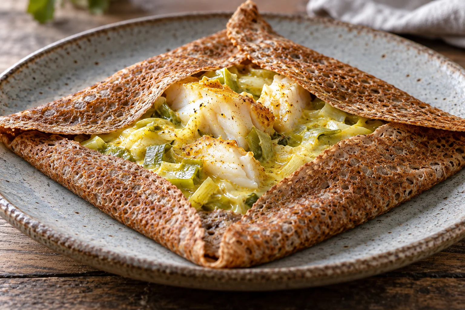 Galette cabillaud, fondue de poireaux et curry