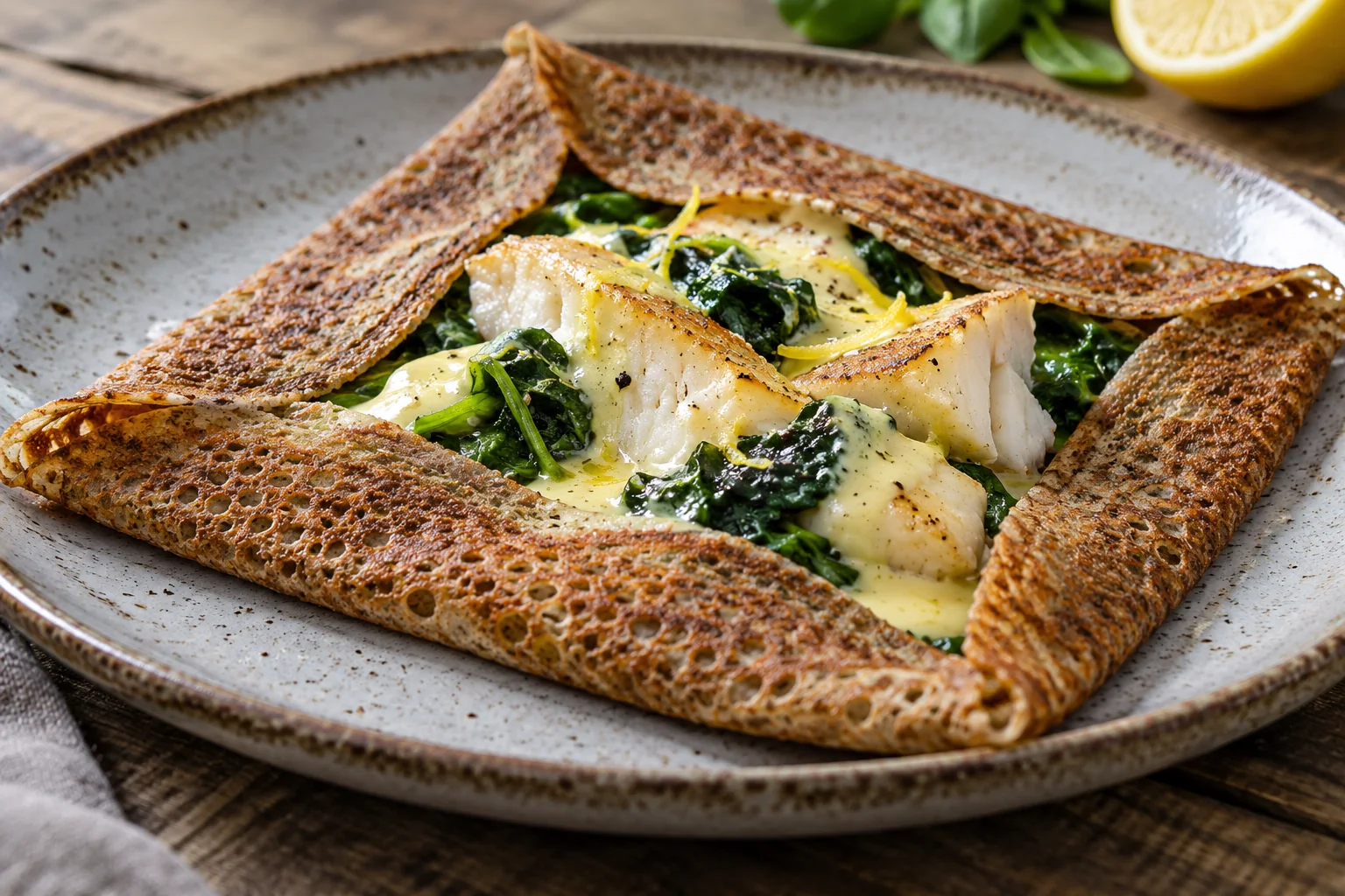 Galette lieu noir, épinards et sauce citronnée