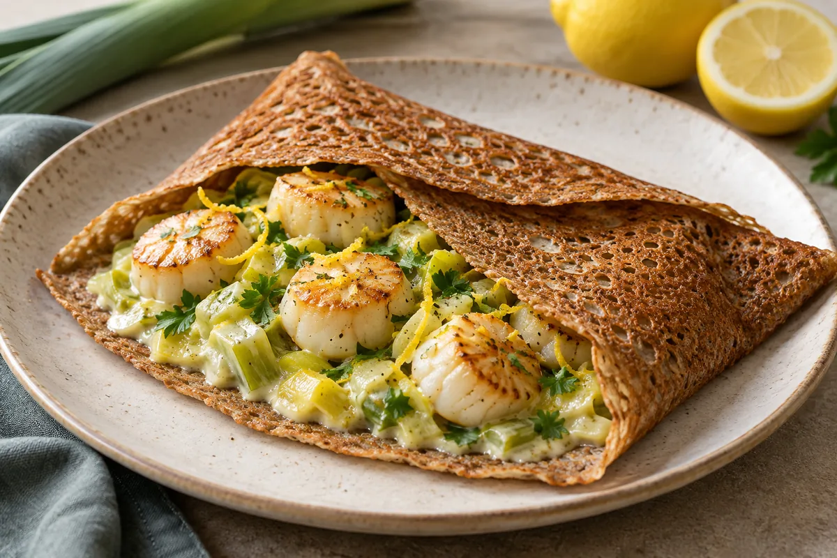 Galette aux noix de Saint-Jacques, fondue de poireaux et citron