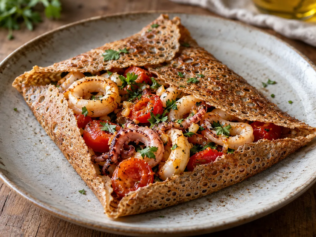 Galette aux calamars sautés, tomates et ail