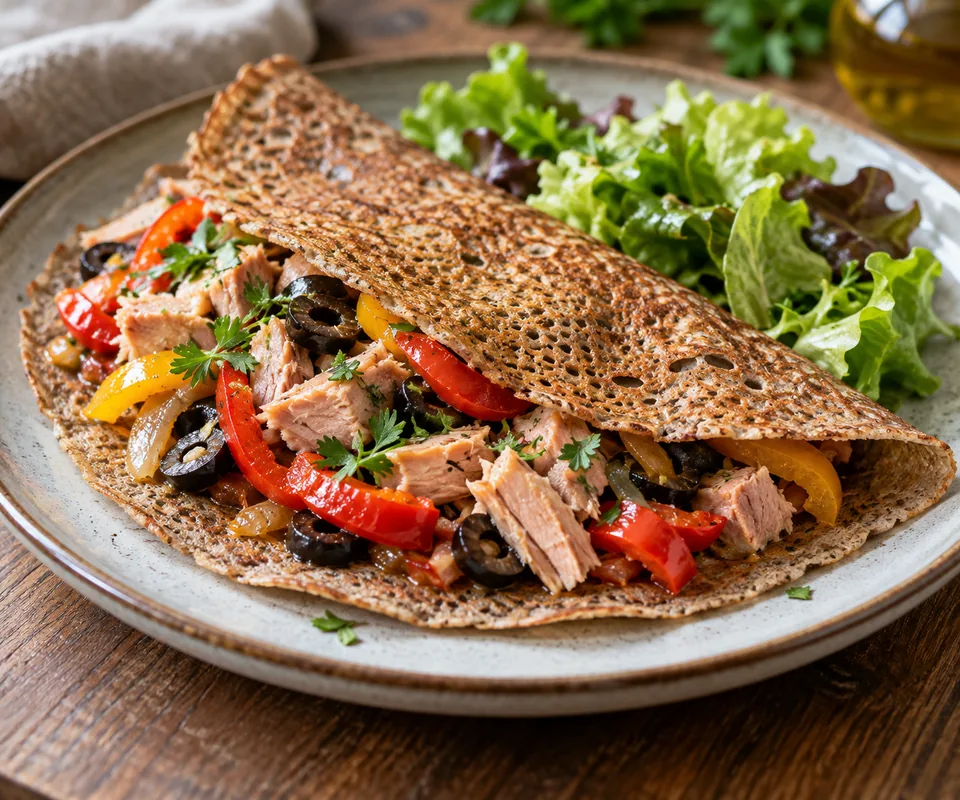 Galette au thon frais, poivrons et olives