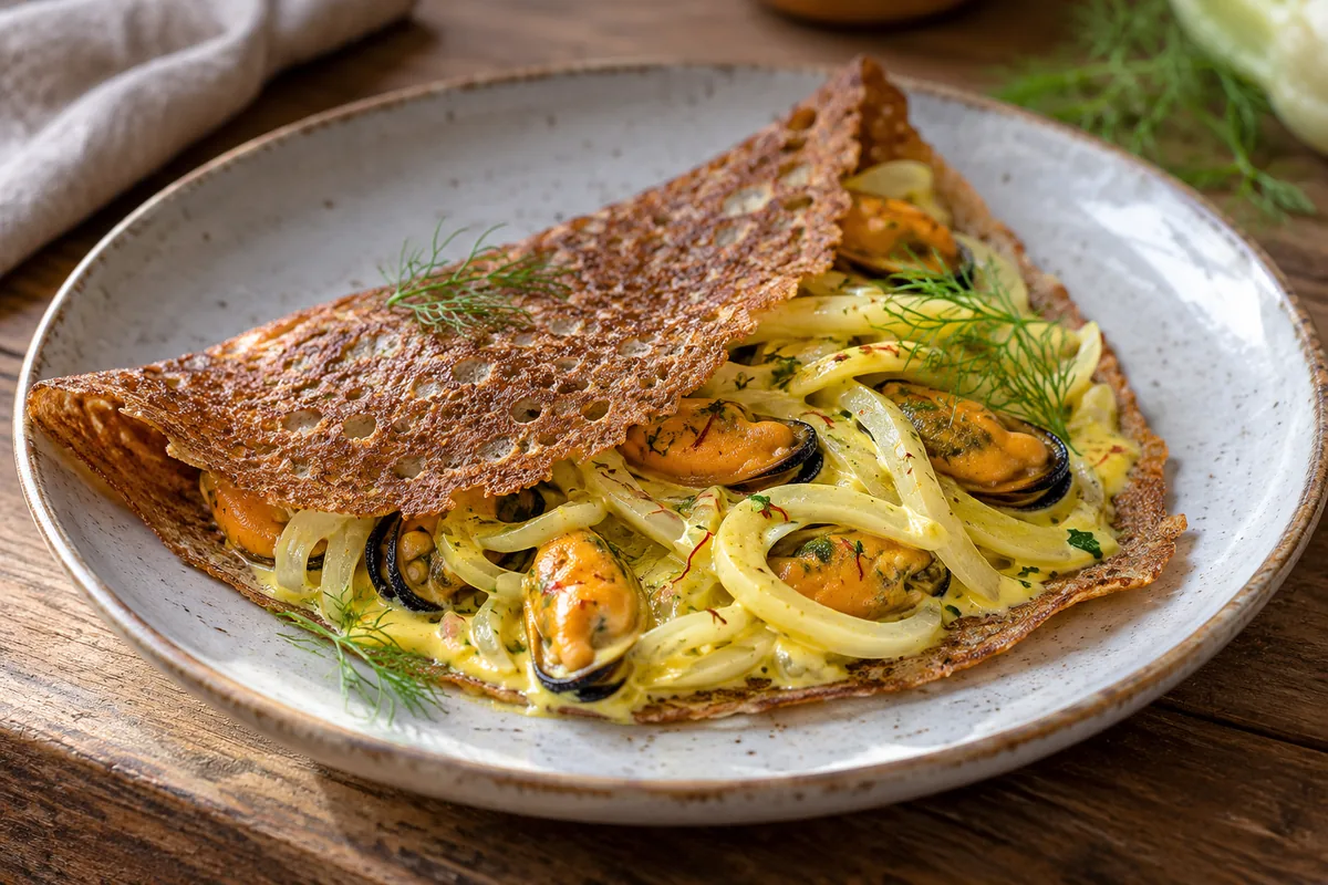 Galette aux moules, fenouil et crème safranée
