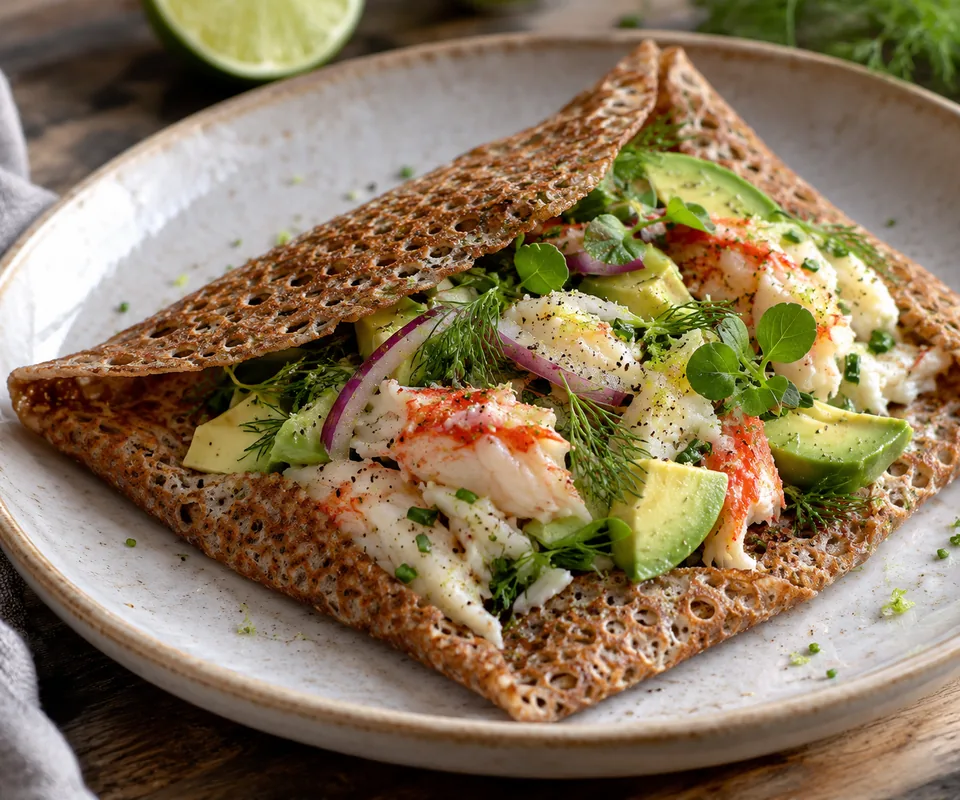 Galette au crabe, avocat et citron vert