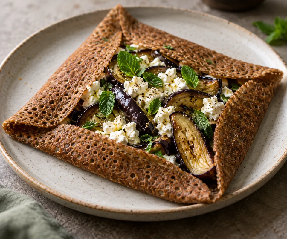 Galette aubergines rôties, feta et menthe