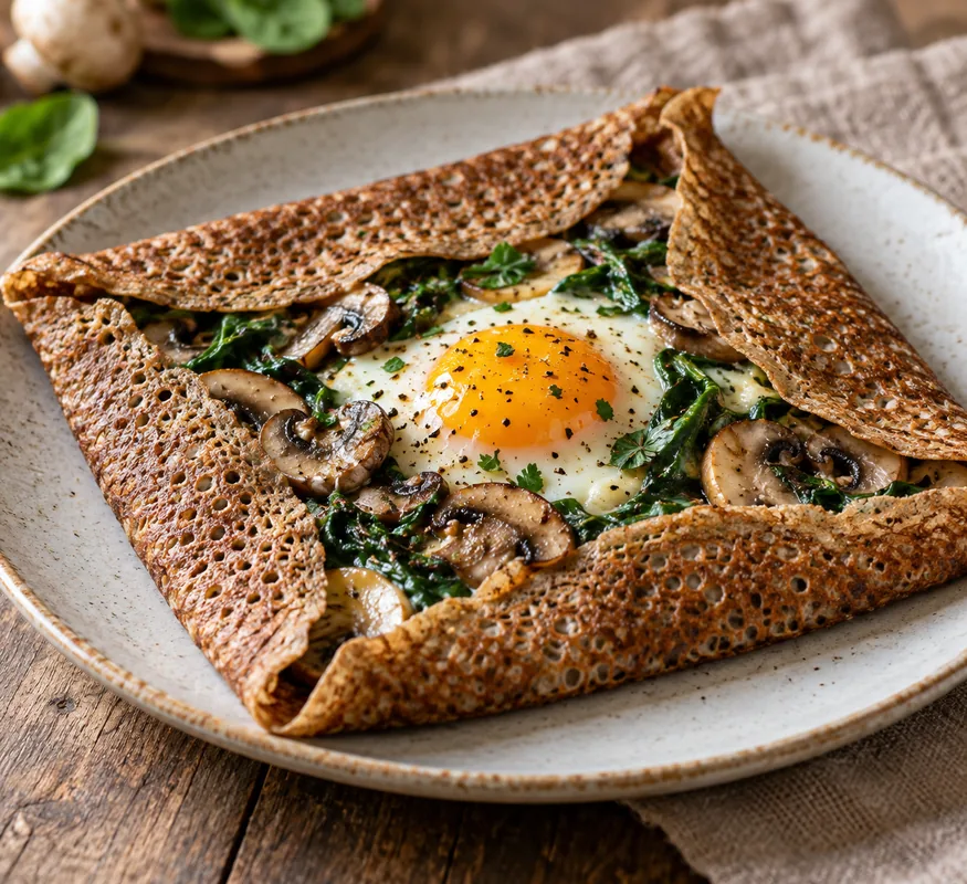 Galette champignons, épinards et œuf