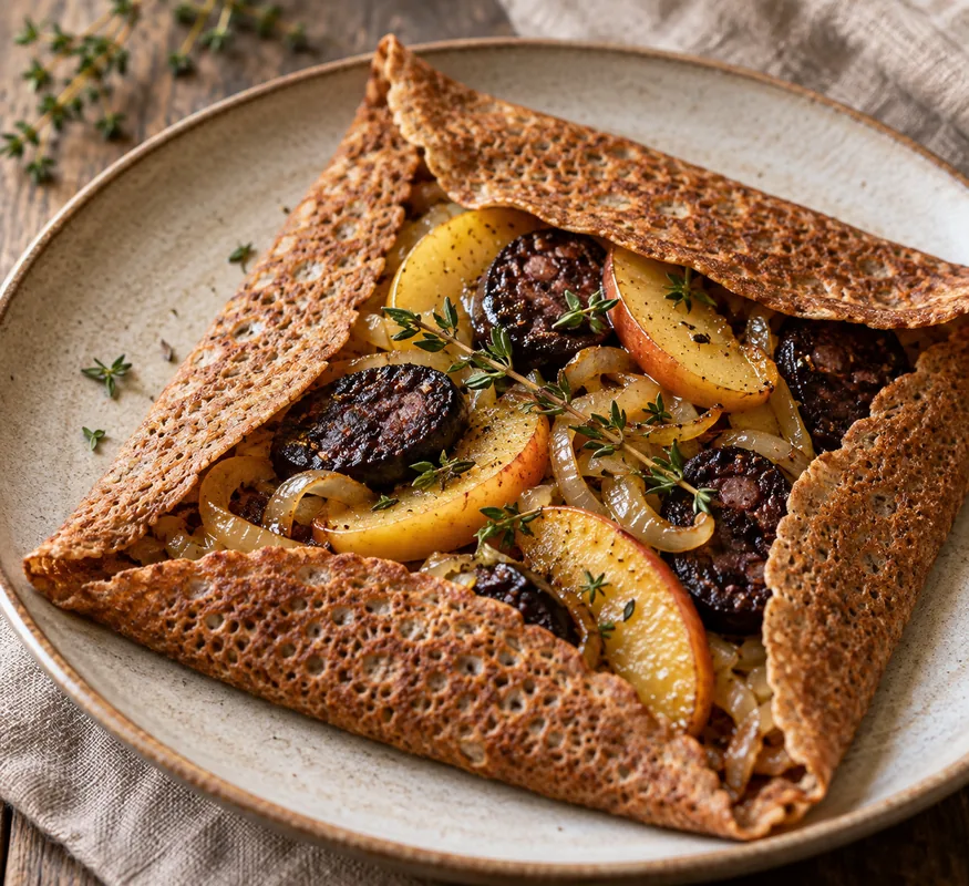 Galette pommes, oignons, boudin noir et thym
