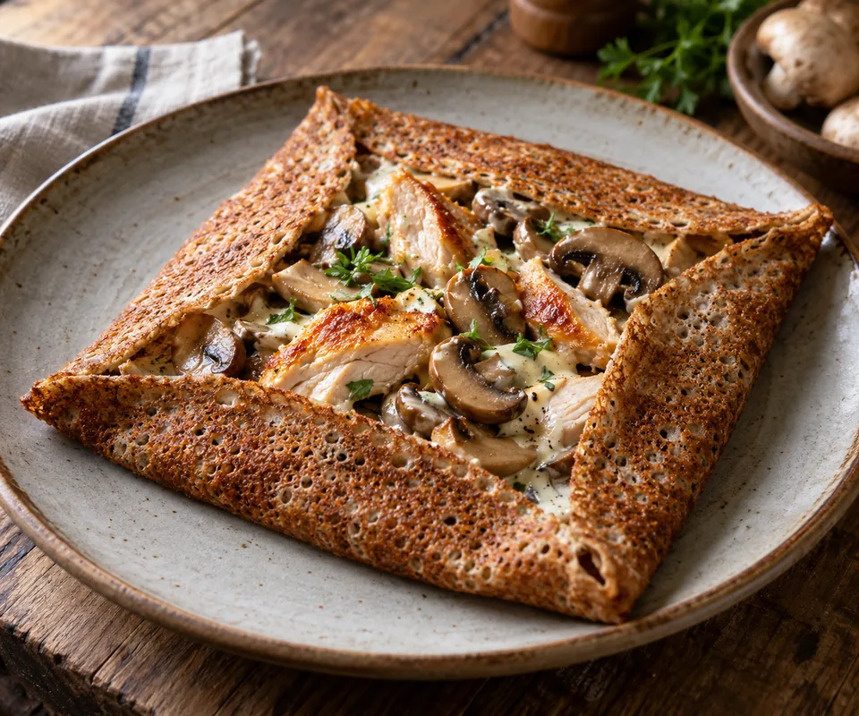 Galette poulet rôti, champignons et crème