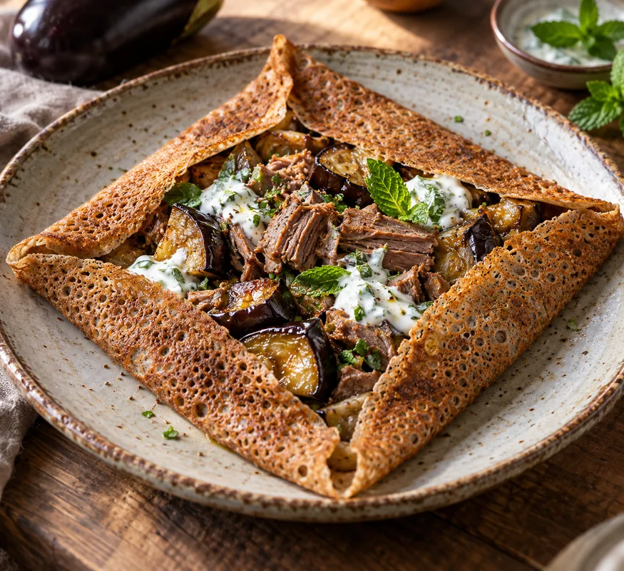 Galette agneau, aubergines et yaourt à la menthe