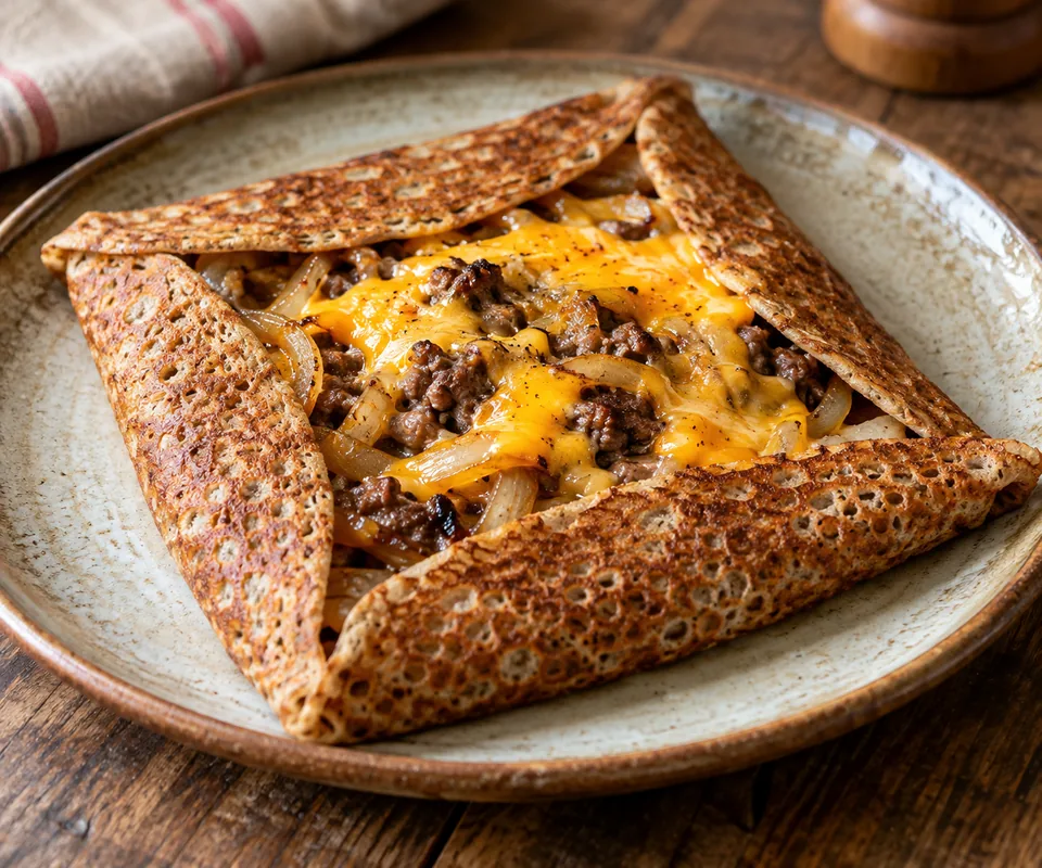 Galette steak haché, oignons et cheddar