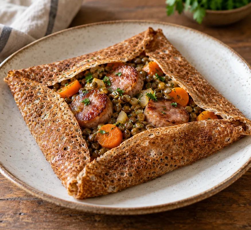 Galette saucisse de Toulouse, lentilles et carottes