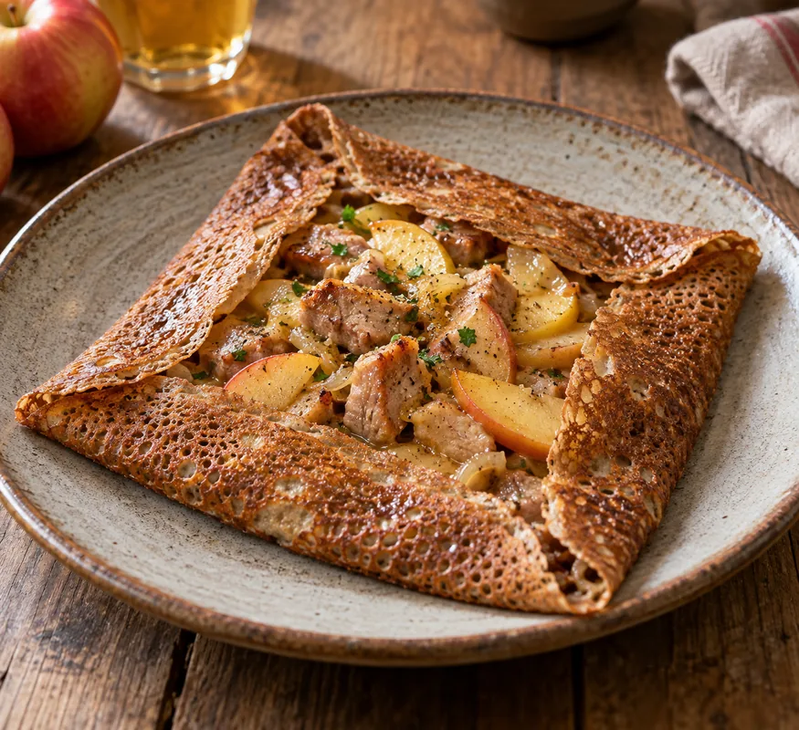 Galette porc sauté, pommes et cidre