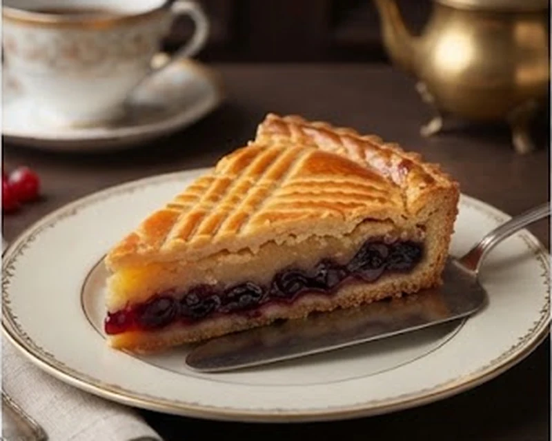 Part de gâteau basque doré garnie de cerises noires