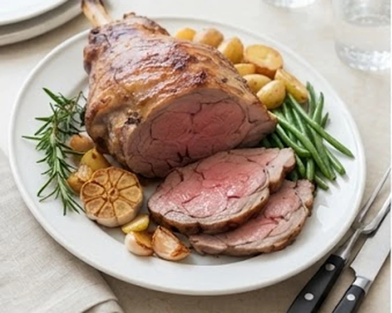 Gigot d'agneau rôti aux herbes, tranché rosé et servi avec pommes de terre et haricots verts