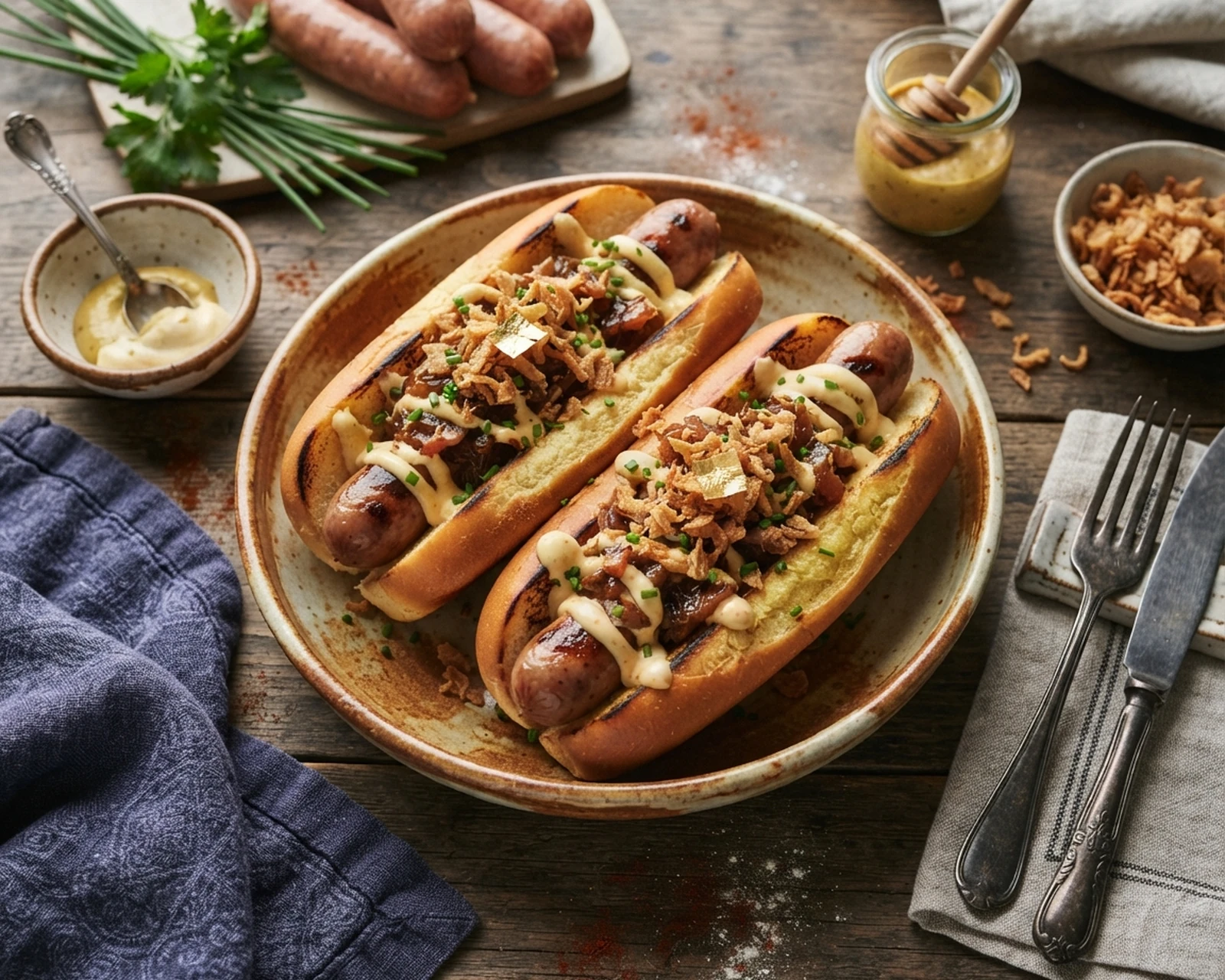 Hot-dog maison présenté dans un plat de service, avec la texture et la garniture visibles