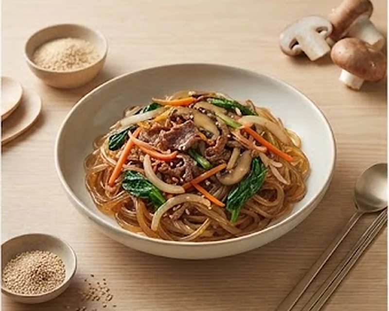 Plat de nouilles sautées japchae aux légumes