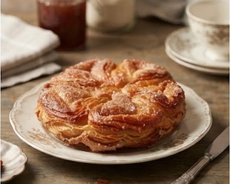 Kouign-amann breton feuilleté et caramélisé servi sur une assiette