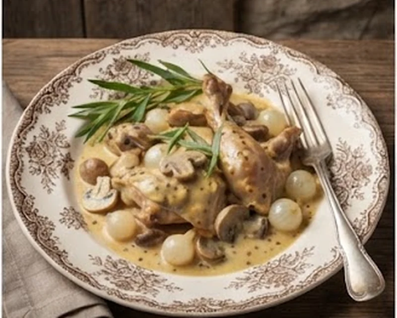Lapin à la moutarde présenté dans son plat de service, avec sa texture et sa garniture visibles