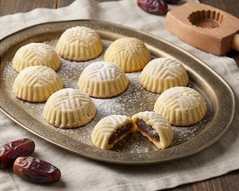Maamoul aux dattes présenté dans son plat de service, avec sa texture et sa garniture visibles