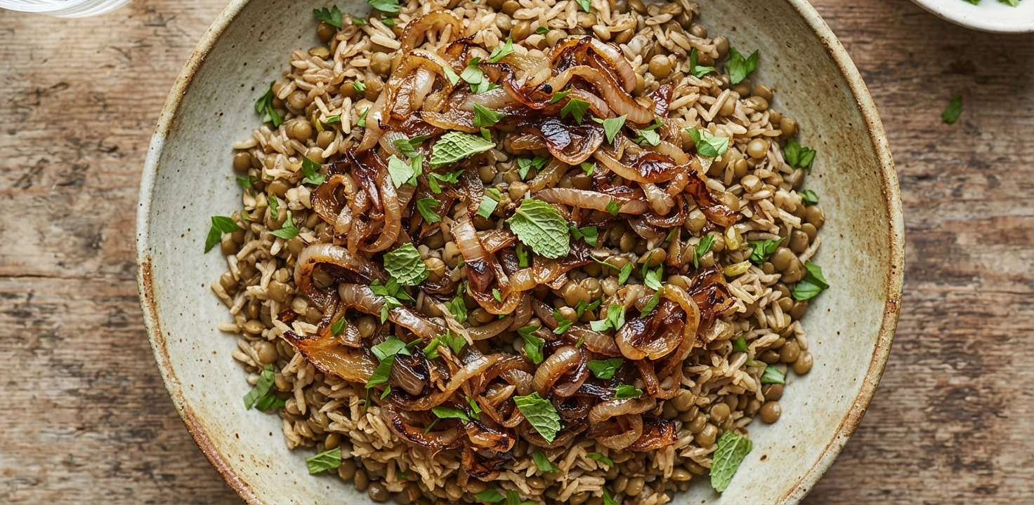 Lentilles et riz libanais aux oignons caramélisés