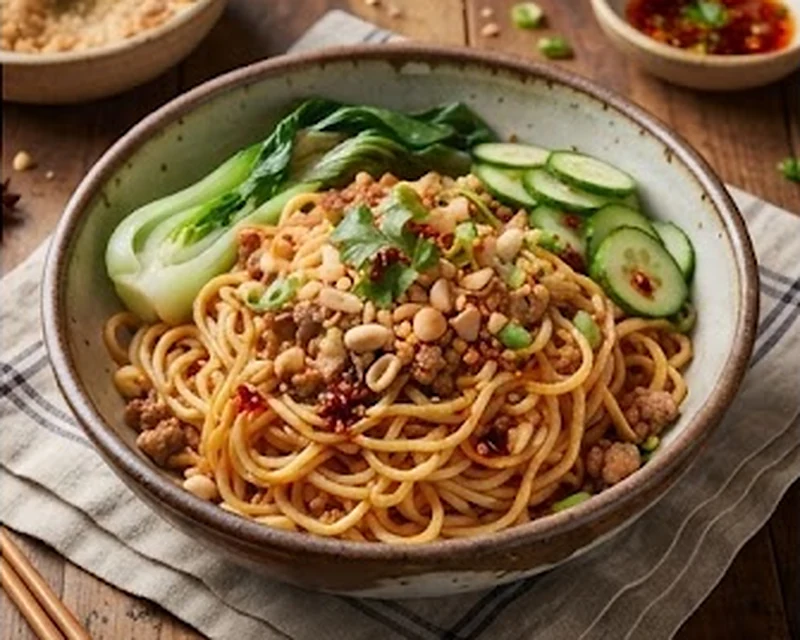 Bol de nouilles Dan Dan garni de porc haché et d'huile pimentée