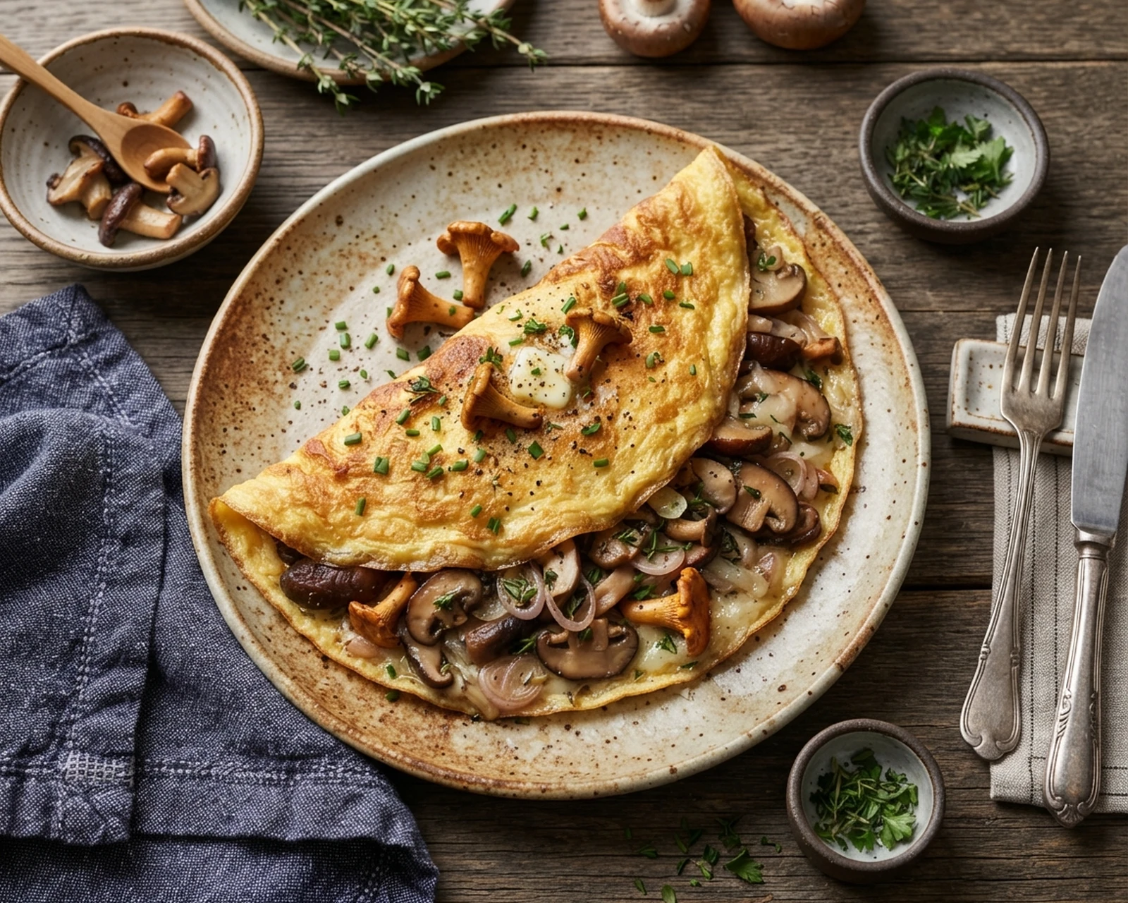 Omelette aux champignons servi dans son plat, avec sa texture et sa garniture visibles
