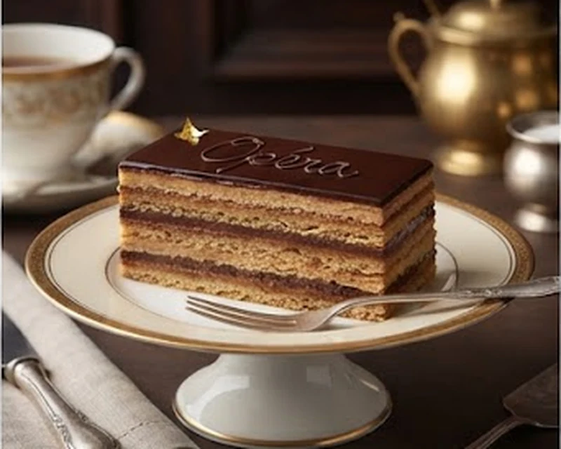 Part de gâteau Opéra aux couches de café, chocolat et biscuit Joconde