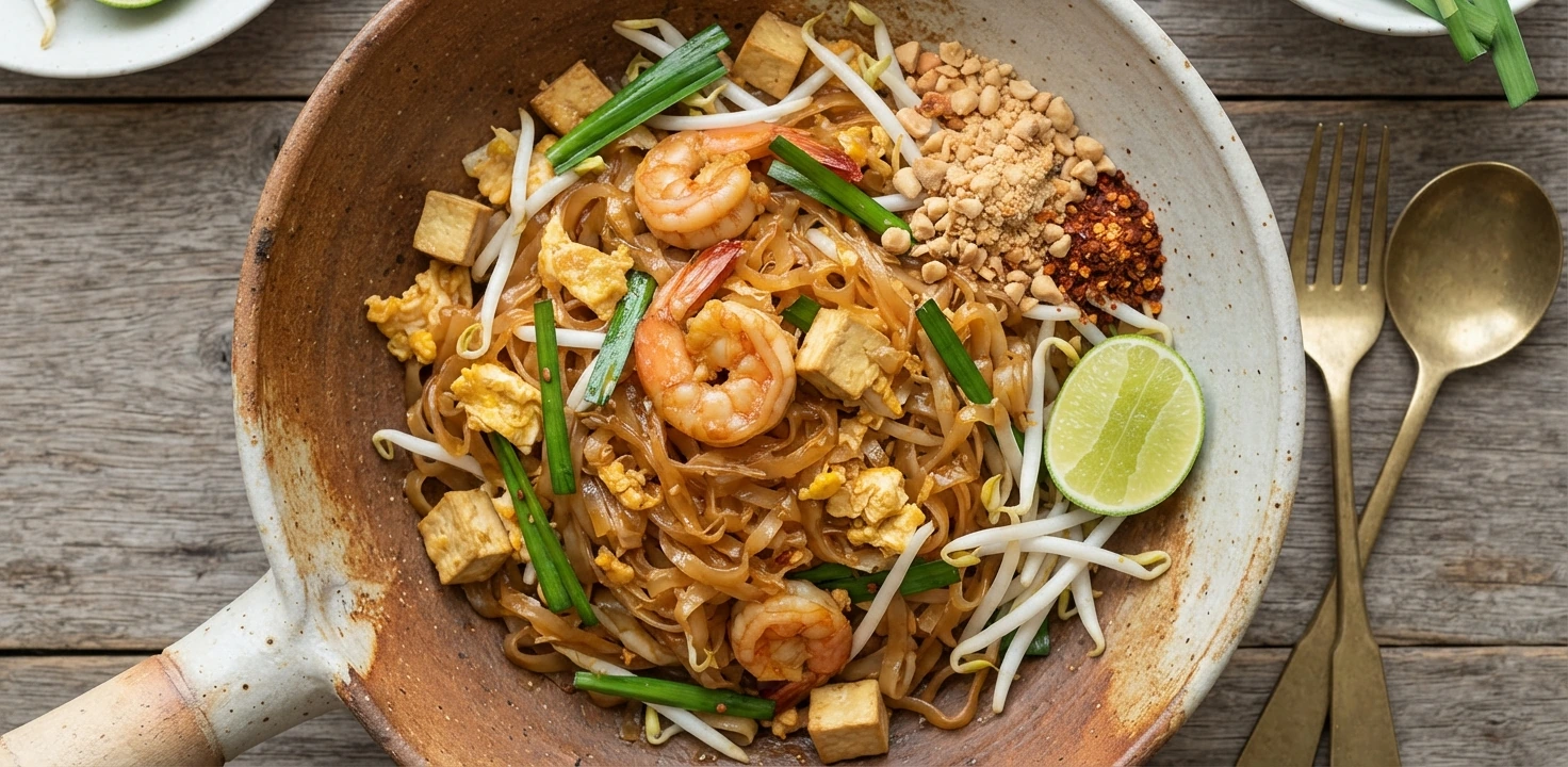 Pad thaï au porc, crevettes et tofu