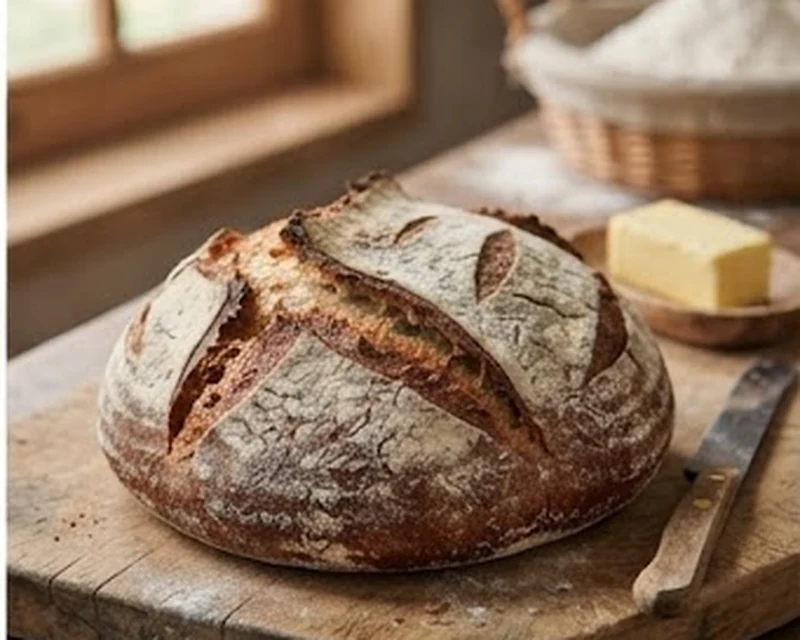 Pain de campagne rustique à croûte farinée et bien cuite