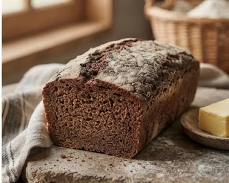 Pain de seigle sombre et dense tranché sur une table de boulangerie