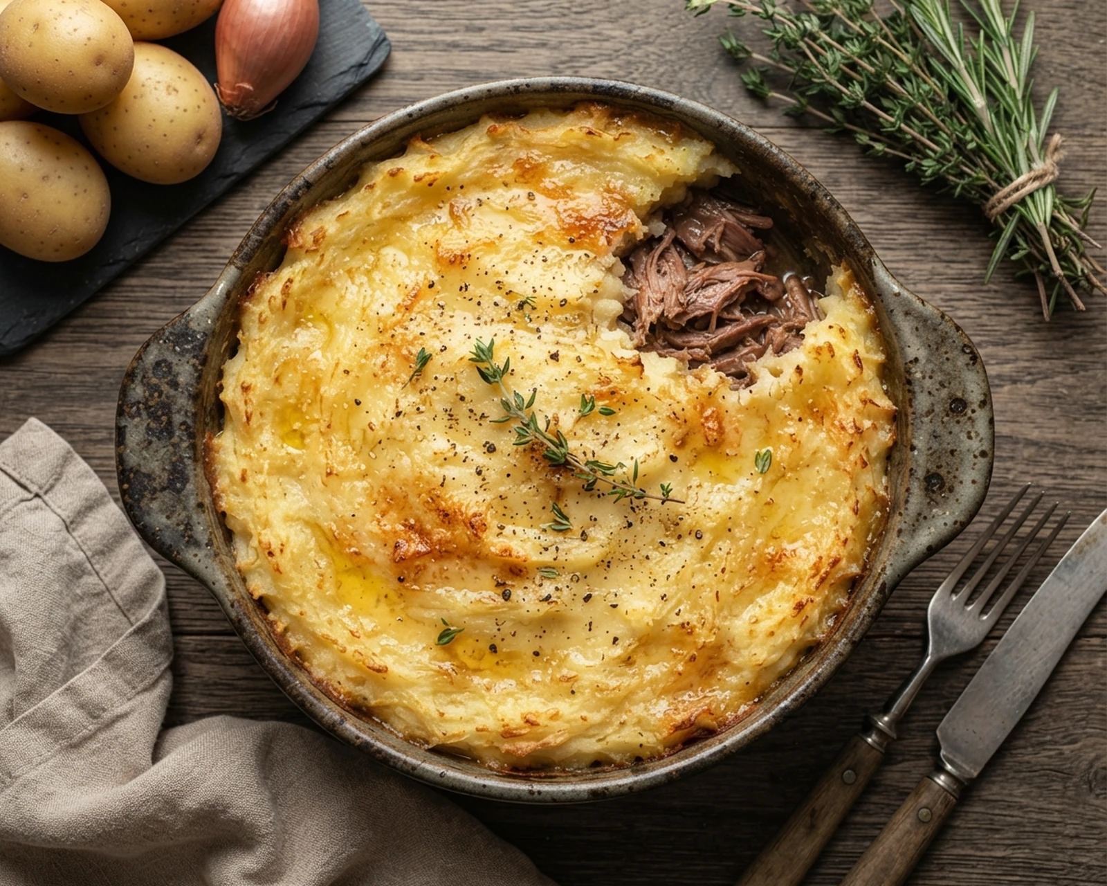 Parmentier de canard présenté dans son plat de service, avec sa texture et sa garniture visibles