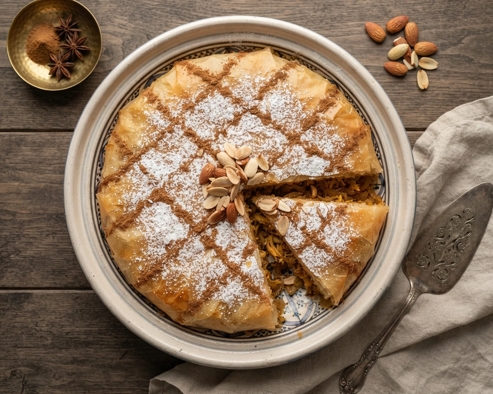 Vue rapprochée de pastilla au poulet dressé et prêt à être servi
