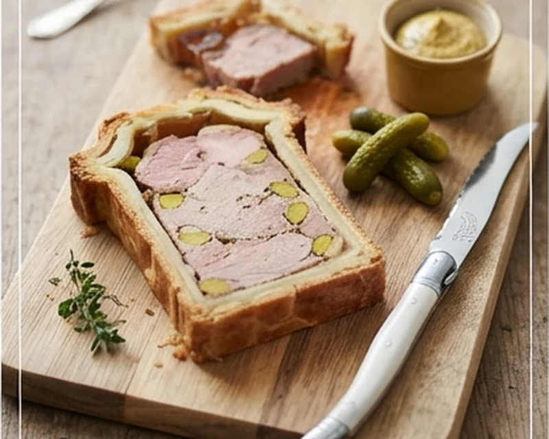 Pâté en croûte présenté dans son plat de service, avec sa texture et sa garniture visibles