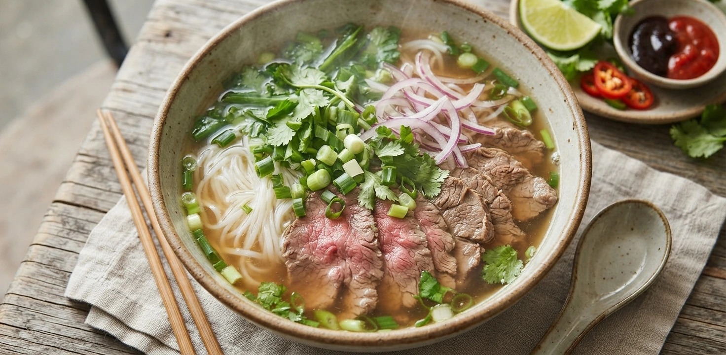 Phở au bœuf, boulettes et herbes fraîches