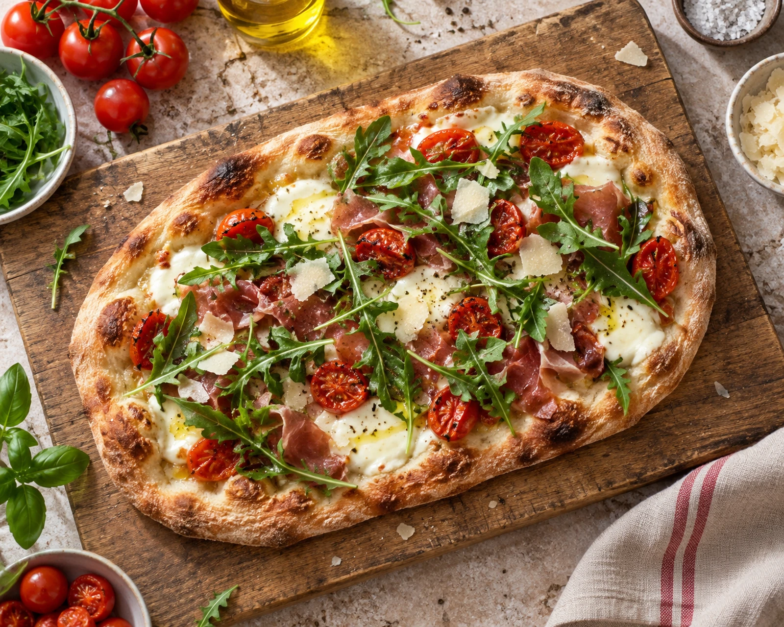 Pinsa romana dressé dans son plat de service, montrant sa texture et sa garniture