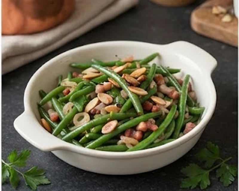 Poêlée de haricots verts aux lardons et amandes grillées