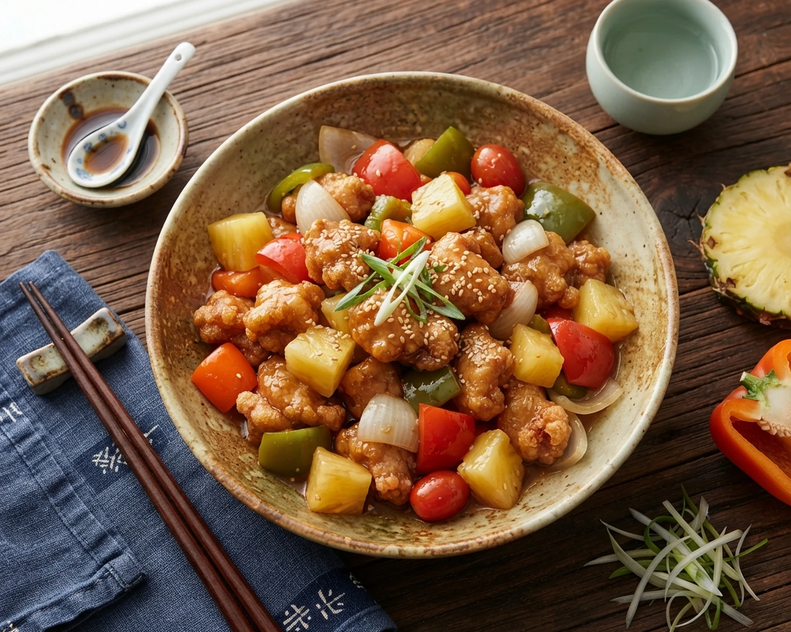 Poulet aigre-doux servi dans son plat, avec sa texture et sa garniture visibles