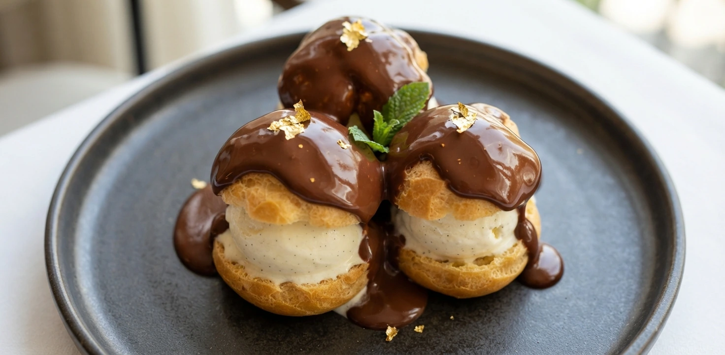 Profiteroles à la crème vanille et sauce chocolat