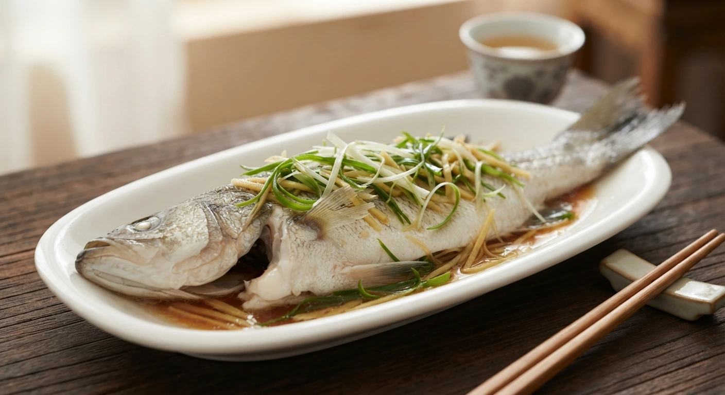 Poisson chinois vapeur au gingembre et à la ciboule — photographie du plat