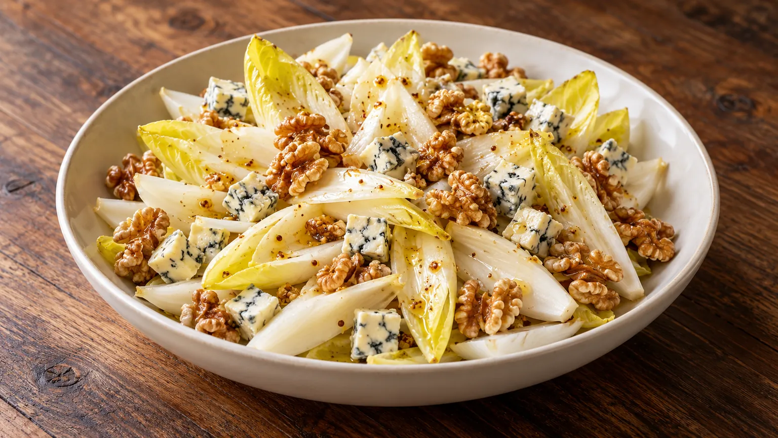 Salade d’endives aux noix et au roquefort maison, légumes et assaisonnement visibles dans le plat de service