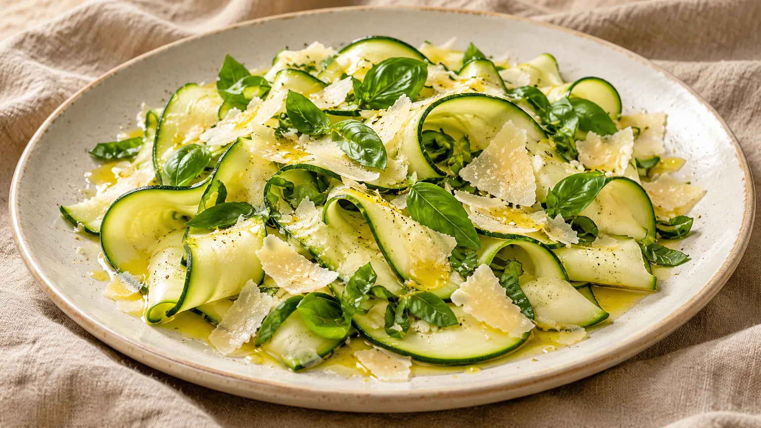 Salade de courgettes crues au parmesan maison, légumes et assaisonnement visibles dans le plat de service