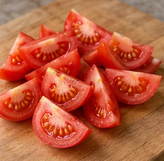Salade de tomates aux fraises : couper les quartiers de tomate