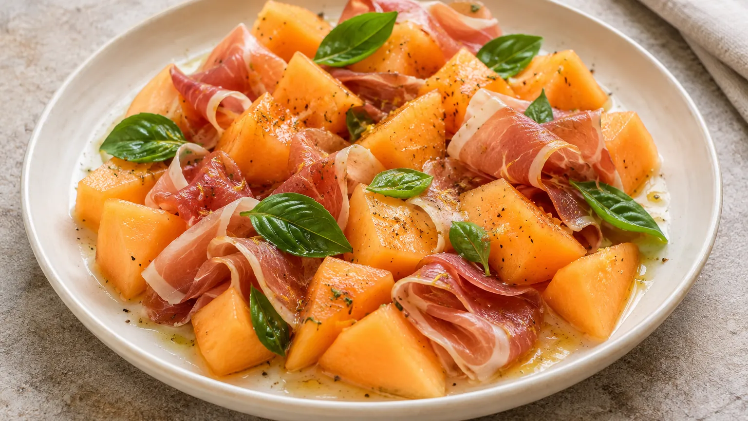 Salade de melon au jambon cru maison, ingrédients et assaisonnement visibles dans le plat de service