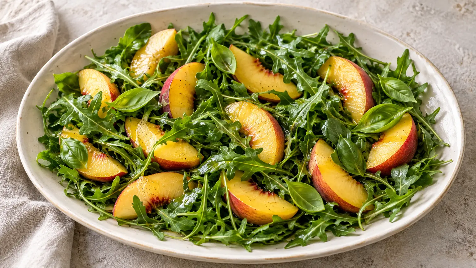 Salade de roquette aux pêches maison, ingrédients et assaisonnement visibles dans le plat de service