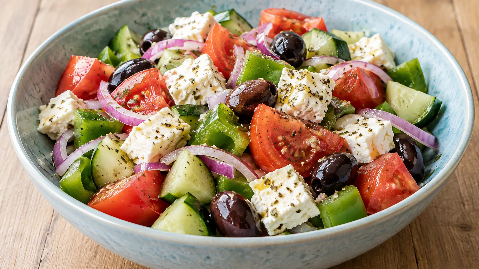 Salade grecque au concombre et à la feta maison, ingrédients visibles dans le plat de service