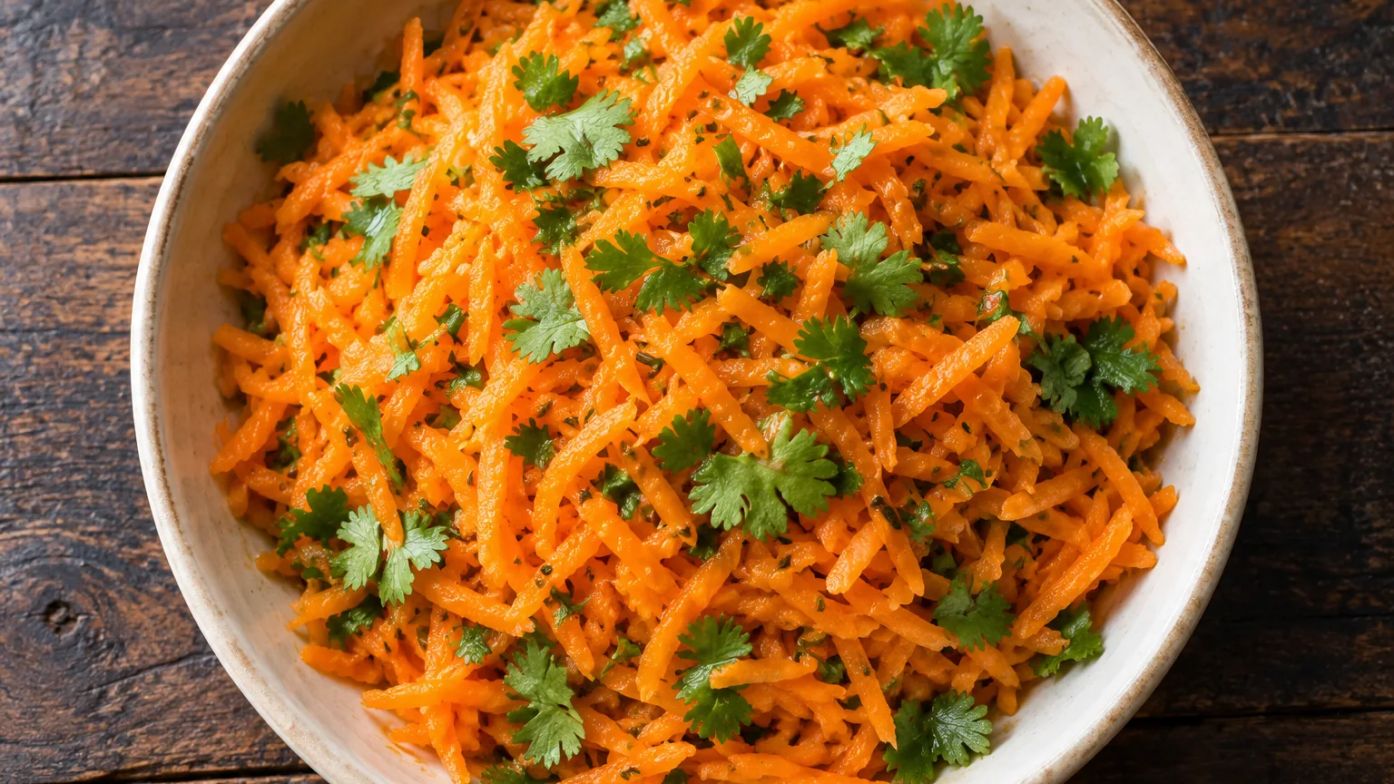 Salade de carottes à la coriandre maison, ingrédients visibles dans une assiette de service
